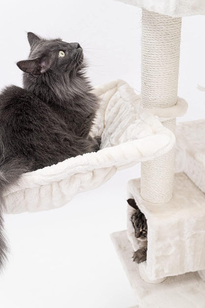 Krabpaal – Krabmeubel – Kattenboom – Kattenhuis – Kattenmand – 134 cm Hoog – Extra Dikke Sisalstammen 9 cm – Luxe Hangmat & Wasbaar Kussen – Crème