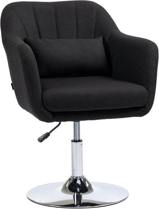 HOMCOM Lounge Chair with Armrest, Lumbar Cushion, Padded Relax Chair with Metal Frame, Linen Look Height Adjustable Swivel Chair for Bedroom, Living Room, Black - QUORE