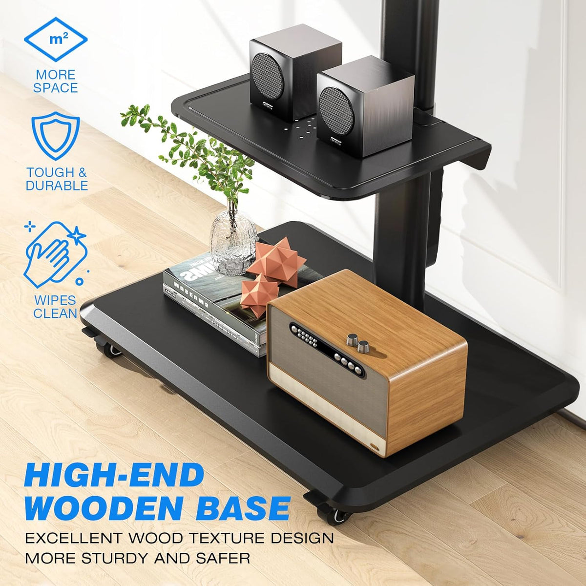 5Rcom Mobiele tv-standaard op wielen voor platte gebogen 32-55 inch tv's, draaibare rollende tv-standaard met houten basis, in hoogte verstelbaar met één plank Max VESA 400x400 mm tot 35 kg
