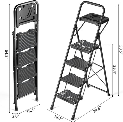 KINGRACK 4-traps ladder met gereedschapsbak, stabiele opstapkruk met leuning, brede antislip pedalen, opvouwbare opstapkruk voor thuis, garage, tuin, zwart