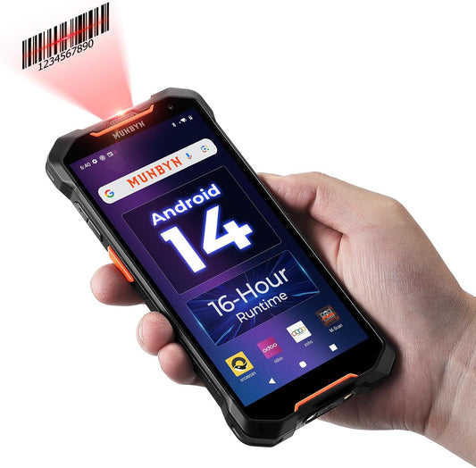 MUNBYN 2025 Nieuwe Android 14 Barcode Scanner, Mobiele PDA met 6" Scherm, Zebra SE4710 Scanner, 1D/2D/QR, Upgradebaar naar Android 18, Snelladen en Valbescherming tot 2m, AS01