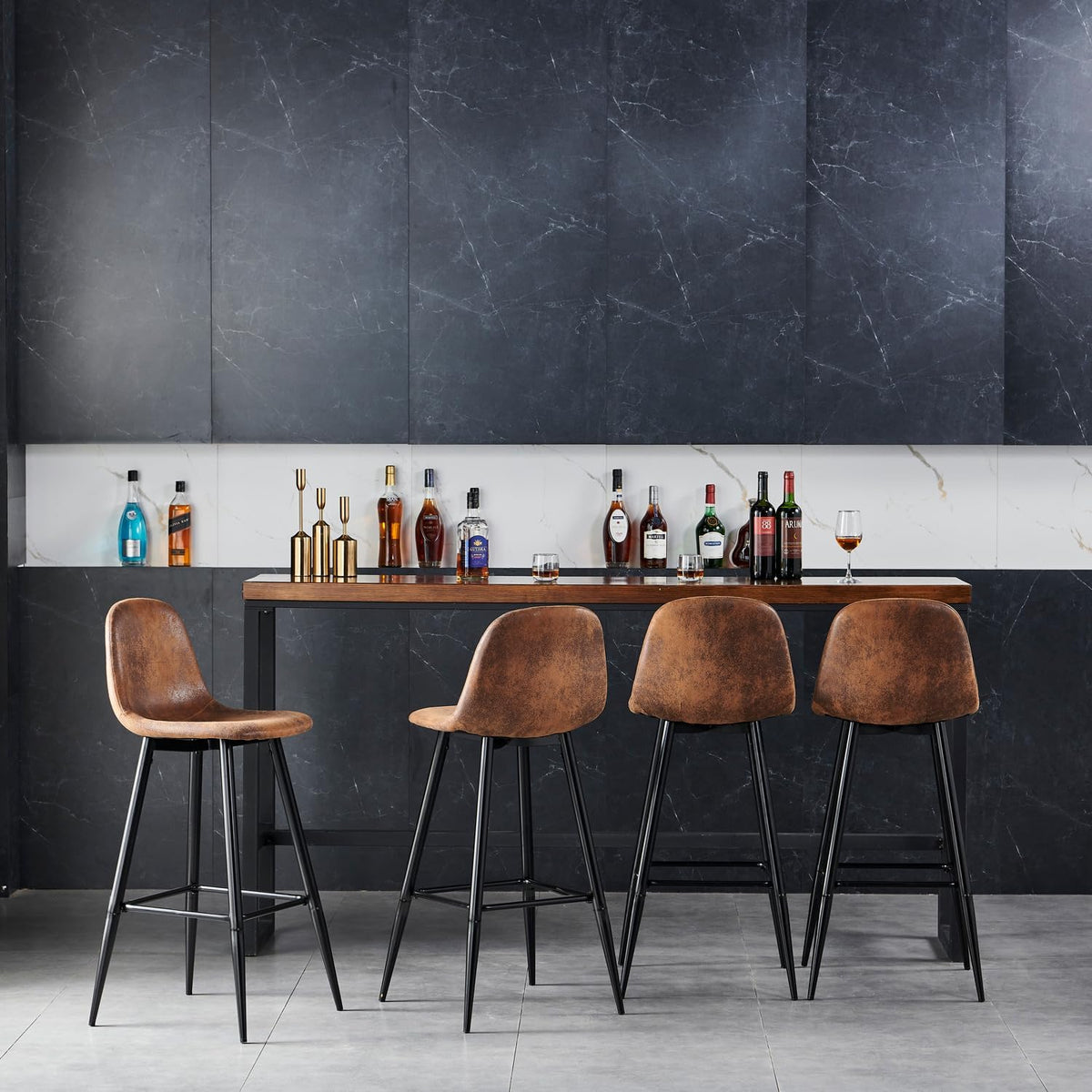 MEUBLE COSY Barkrukken, set van 2 barstoel vintage, met rugleuning en voetensteun, van kunstsuède, metalen poten, voor bistro, café, keuken, bruin, 45,5x49x103,5cm