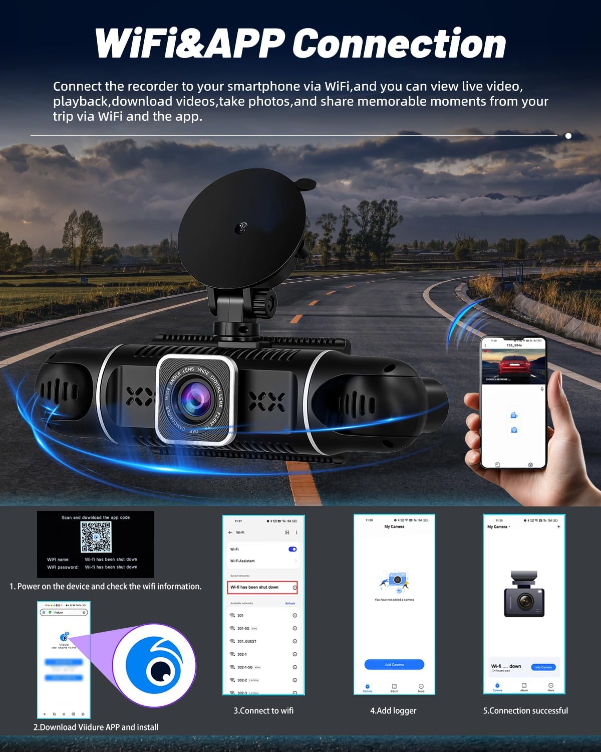 NHOPEEW 3 inch WiFi 2K Dashcam Auto DVR 4-kanaals 360° camera binnen links/rechts + achter 1080p nachtzicht, G-sensor, loop-opname