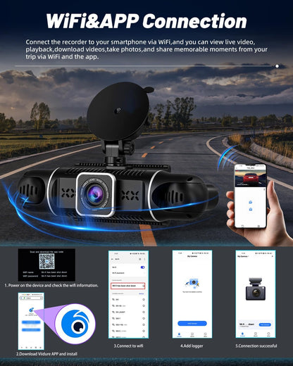 NHOPEEW 3 inch WiFi 2K Dashcam Auto DVR 4-kanaals 360° camera binnen links/rechts + achter 1080p nachtzicht, G-sensor, loop-opname