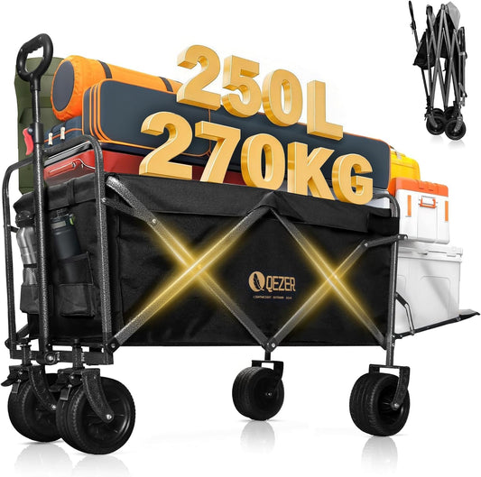 opvouwbare kinderwagen, multifunctionele opvouwbare kinderwagen met offroad-wielen, draagbaar voor kamperen, tuinieren, winkelen en sport (Zwart, 270 kg 250 liter)