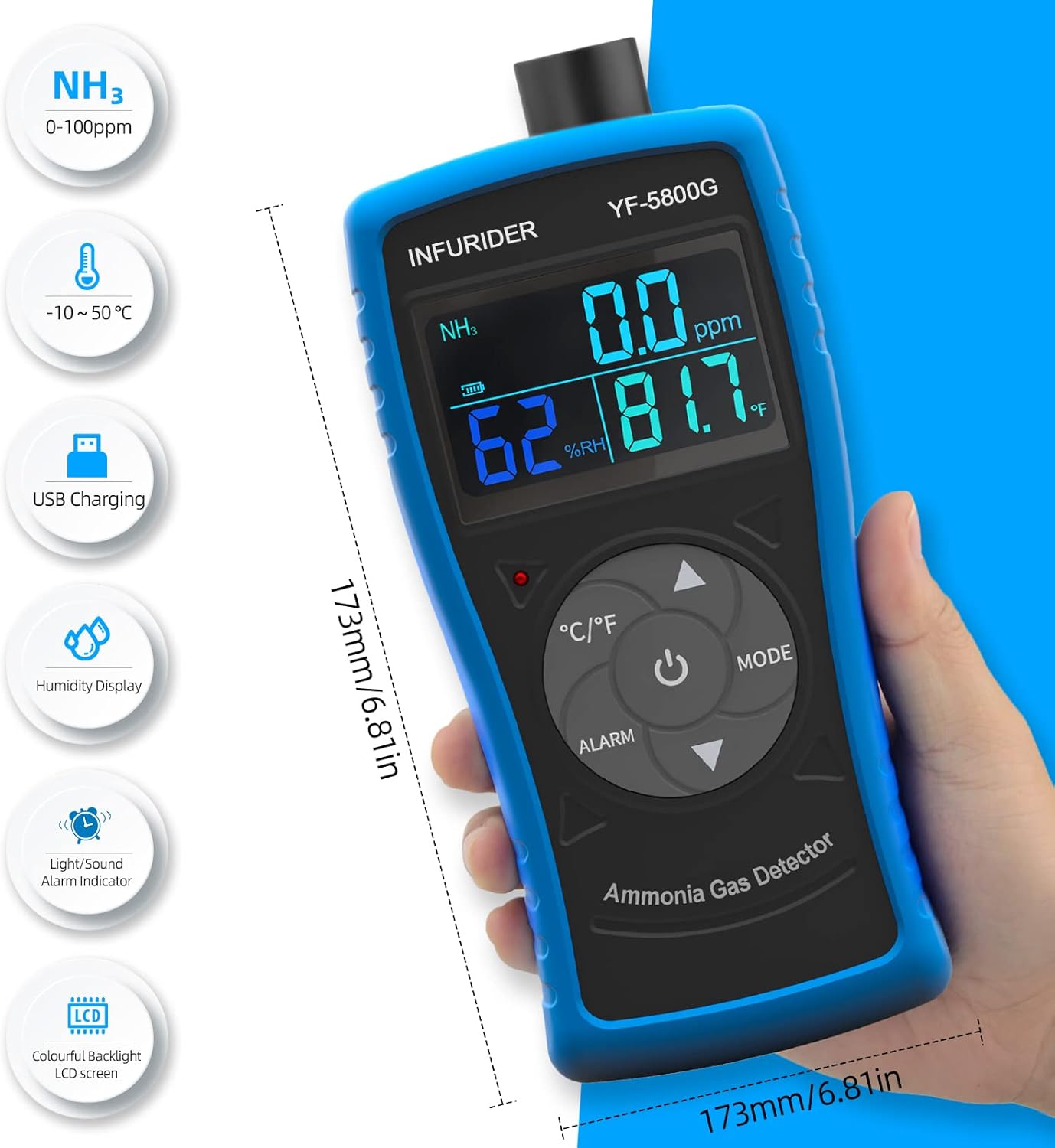 Portable Ammonia Gas Detector, USB Rechargeable NH3 Gas Monitor with Audible & Visual Alarm, Ammonia Meter Range 0-100ppm with 0.1ppm Resolution for Farm, Pig & Livestock(INFURIDER YF-5800G)