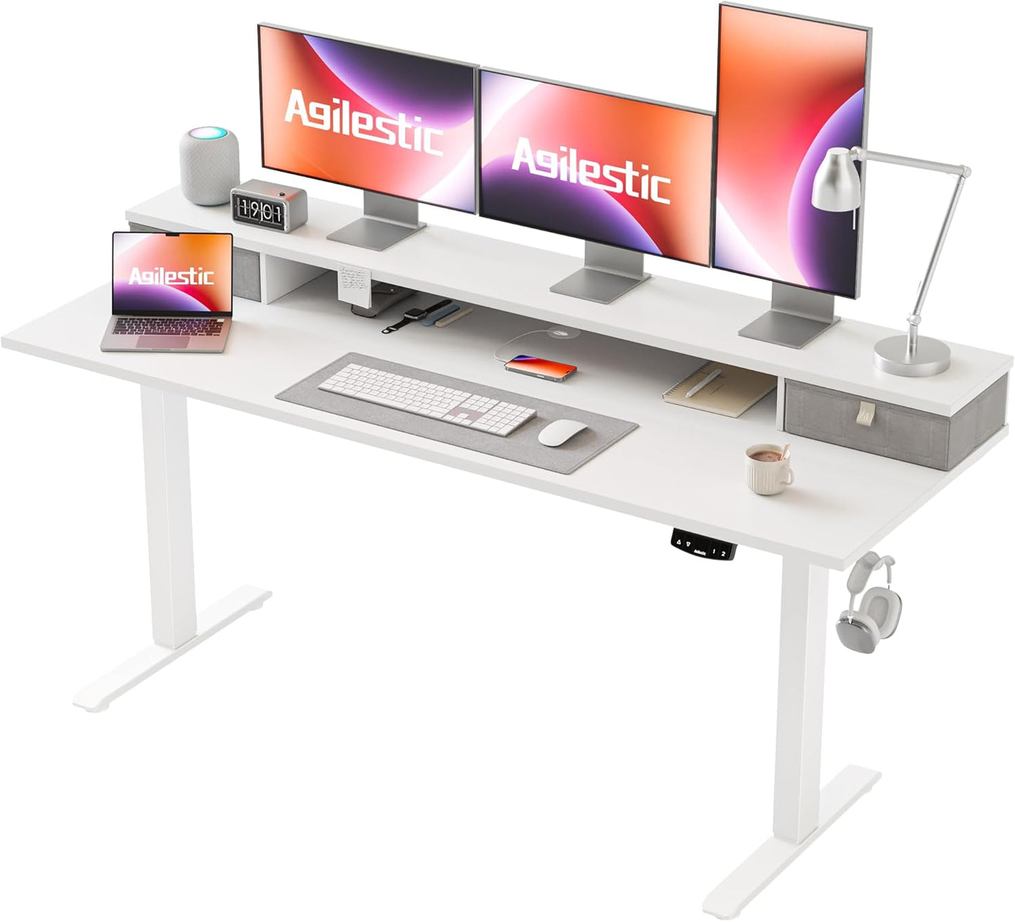 Agilestic In hoogte verstelbaar bureau met twee laden, 160 x 60 cm, elektrische computertafel met geheugenfunctie, kantoor- en thuisbureau, wit