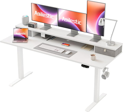 Agilestic In hoogte verstelbaar bureau met twee laden, 160 x 60 cm, elektrische computertafel met geheugenfunctie, kantoor- en thuisbureau, wit