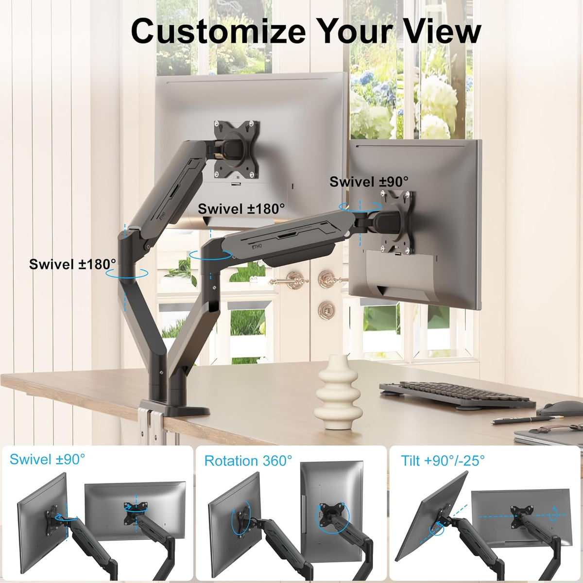 Dubbele monitorarm – Monitorhouder – Monitorbeugel – Monitorstandaard – Monitorsteun – Gasveerverstelling – Voor 17-38 Inch Tot 12 Kg – Donkergrijs