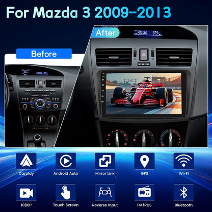 9 Inch Android Autoradio voor Mazda 3 2009-2013 met Draadloze CarPlay & Android Auto, 2G+64G Stereo met Scherm, EQ DSP, WiFi, FM RDS, GPS, Bluetooth, Stuurwielbediening+Achteruitrijcamera, MIC