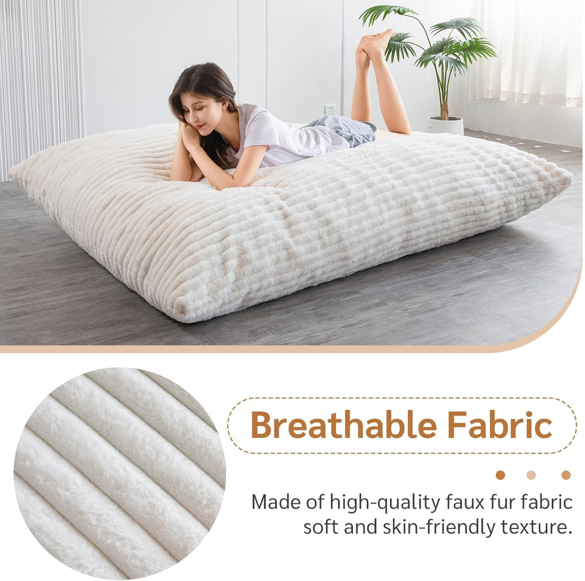 MAXYOYO Huge Bean Bag Bed, Square Bean Bag Chair, Large Faux Fur Sofa and Fluffy Filling for Adults Couples Guests (Corduroy Beige,135x190cm)