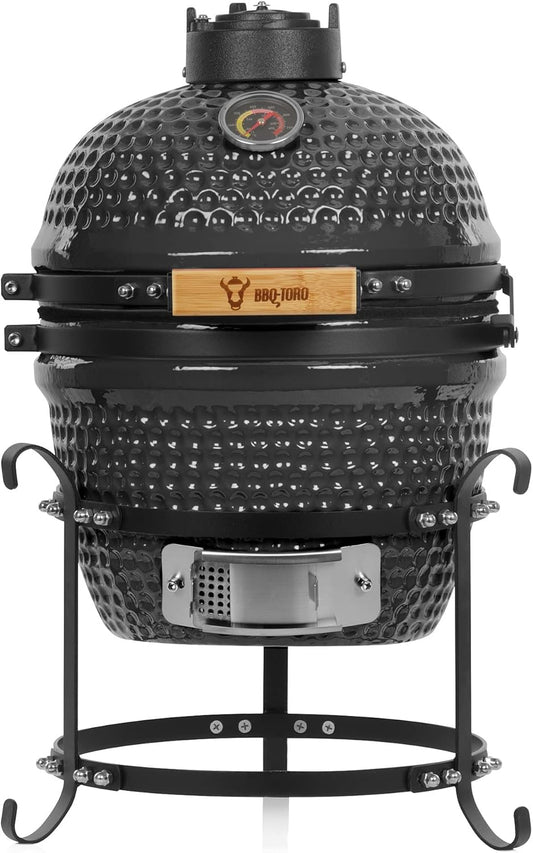 BBQ-Toro Kamado Hairo Charcoal Barbecue, 32cm with Thermometer, Wooden Handle, Ceramic Grill, Mini Charcoal Grill (Grey) - QUORE
