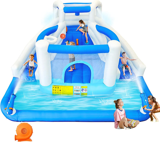 Opblaasbaar waterspeelpark, springkasteel met waterglijbaan, trampoline, basketbalkorf en 2 waterpistolen, outdoor springkasteel voor kinderen, geschikt voor tuin en feest - QUORE