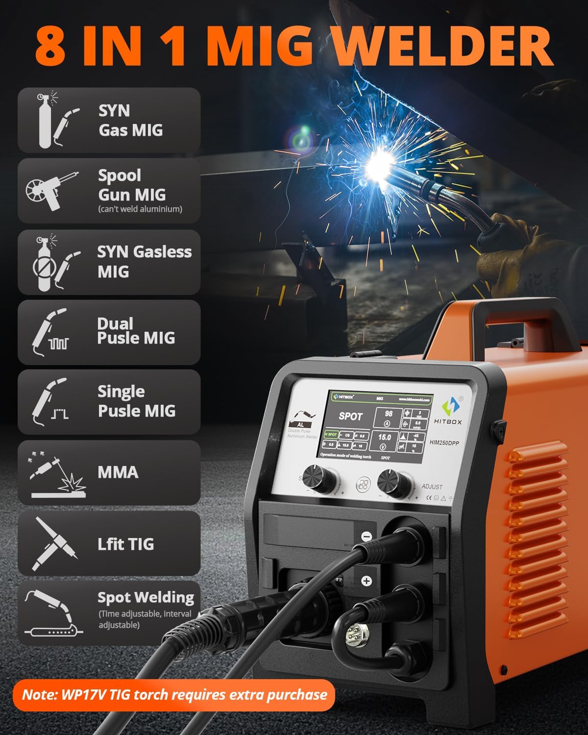 HITBOX Professionele 8-in-1 200A Dual Pulse Aluminium MIG Lasapparaat, 240V Multi-Process Lasmachine voor Enkel/Dubbel Puls MIG, Lift TIG, MMA, Puntlassen, Gas & Gasloos, Spool Gun Geschikt(HIM250DPP)