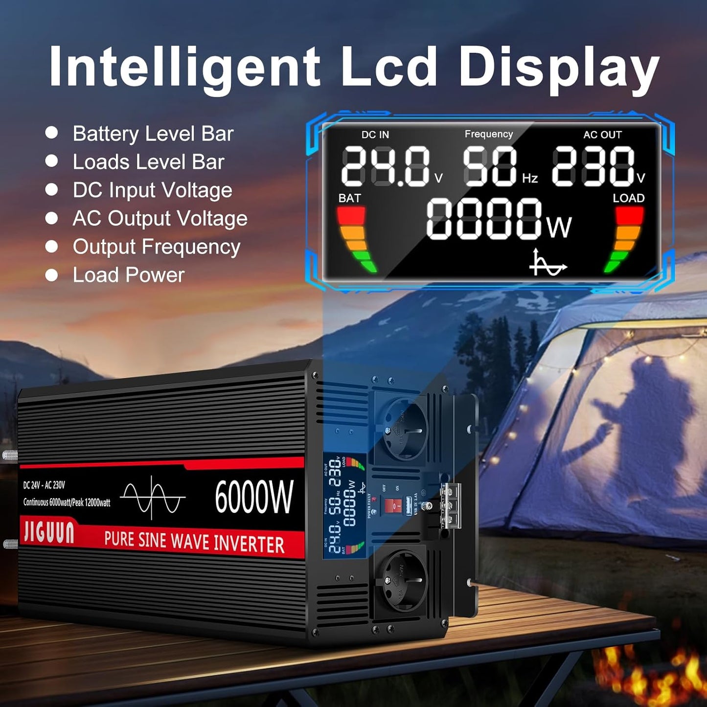 JIGUUN 6000W/12000W omvormer 24V naar 230V zuivere sinus power inverter met draadloze afstandsbediening LCD-scherm 2 Eu-stopcontact & 1 USB-poort voor auto, camping, reizen,noodgeval