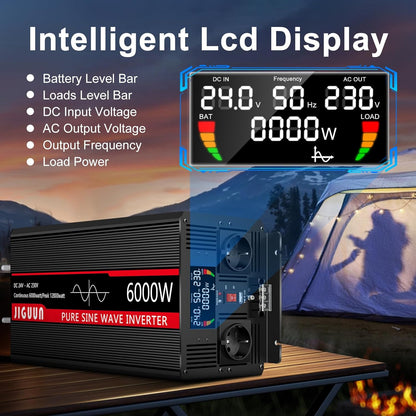 JIGUUN 6000W/12000W omvormer 24V naar 230V zuivere sinus power inverter met draadloze afstandsbediening LCD-scherm 2 Eu-stopcontact & 1 USB-poort voor auto, camping, reizen,noodgeval