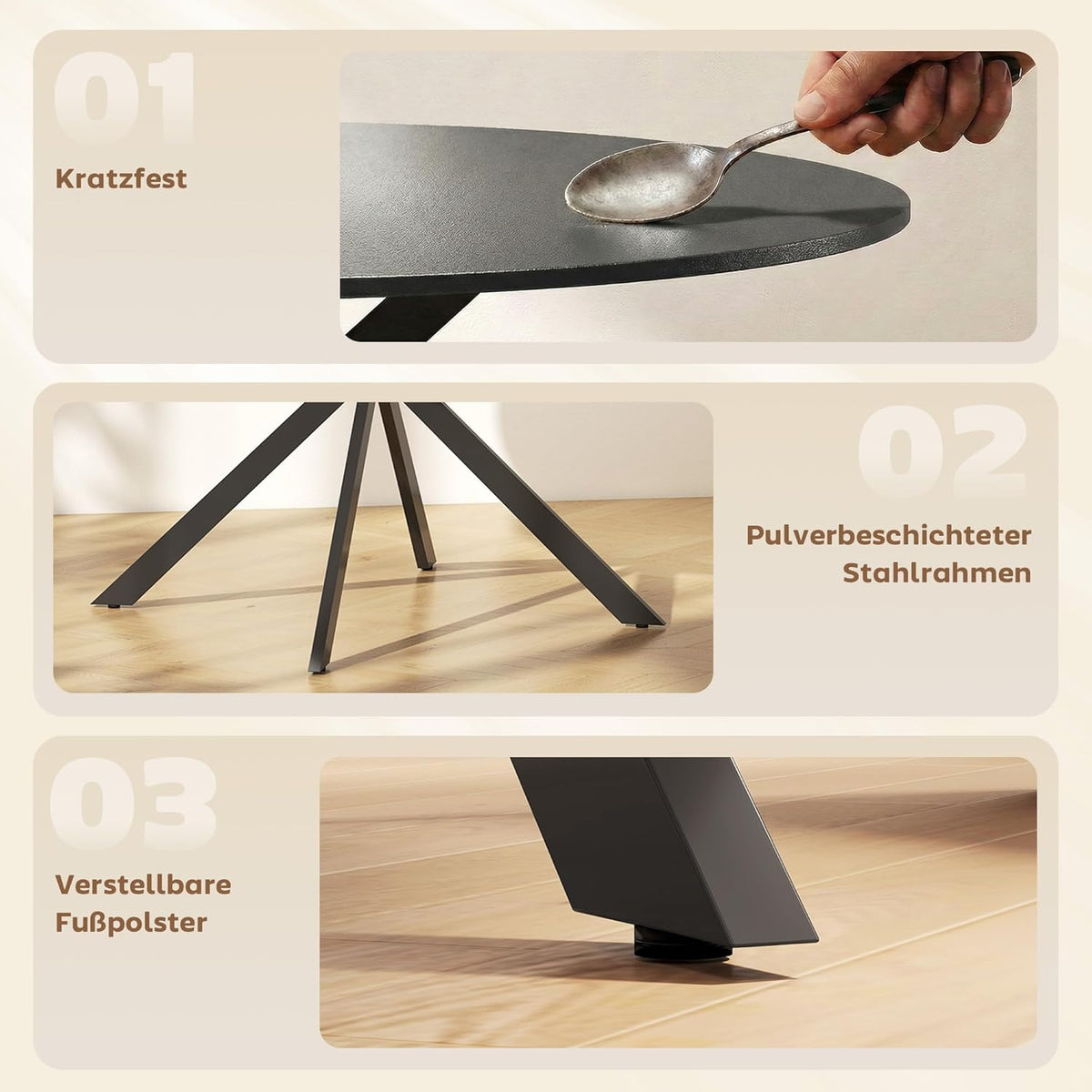 Ronde Eettafel – Eettafel Rond – Keukentafel – Tafel Voor 4 Personen – Industriële Eettafel – Ø120 cm – Krasbestendig Melamine – Verstelbare Stalen Poten