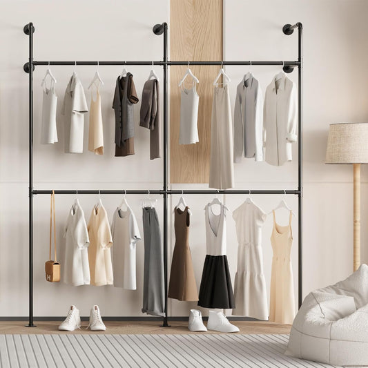 Wandgemonteerde Kledingstang – Kledingrek – Garderobebuis – Kledinghouder – Open Kast – Industrieel Design – 300 kg Draagkracht – 203 x 220 cm Goudkleurig Metaal – 2 Kolommen 2 Verdiepingen