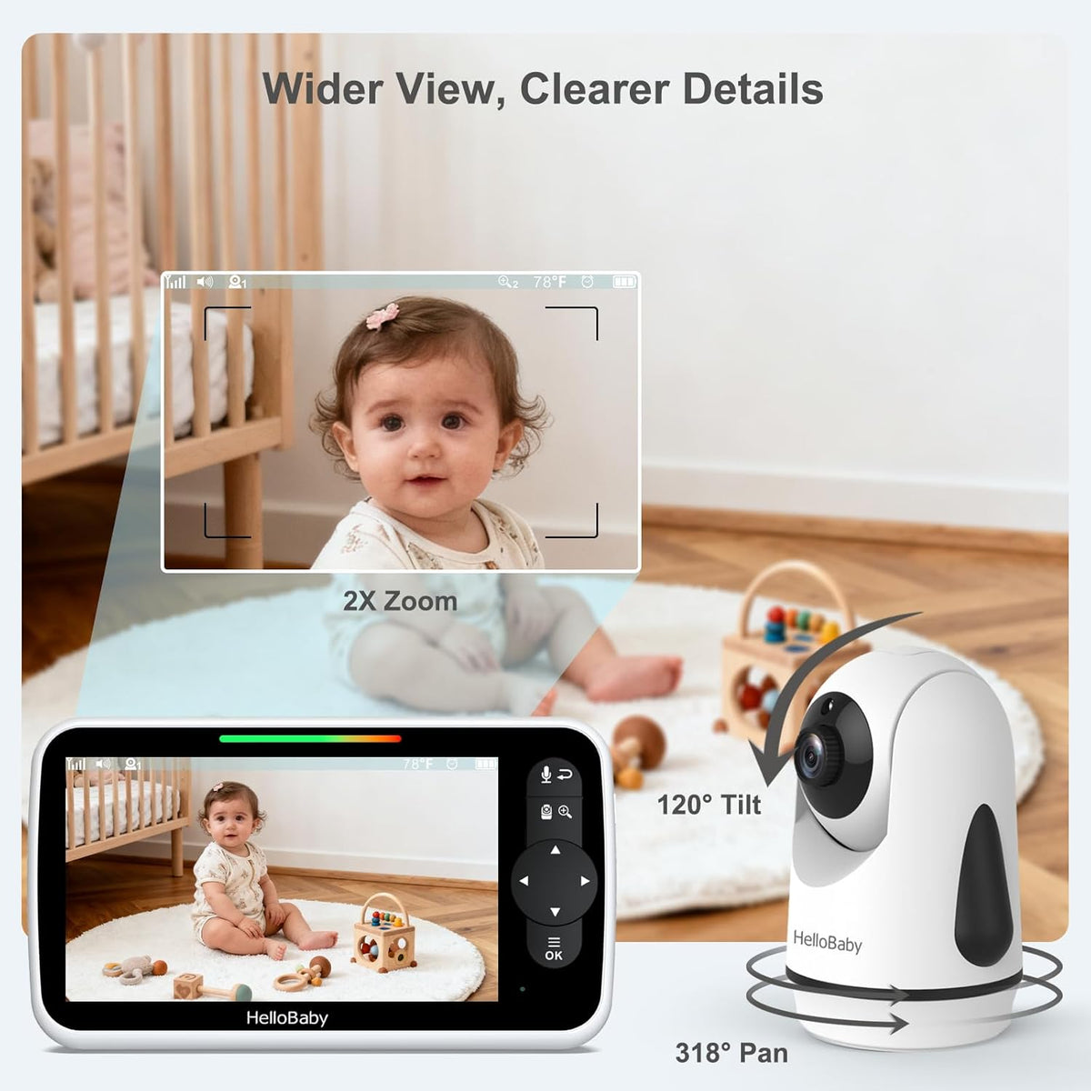 HelloBaby 6-Inch Babyfoon, Groot Scherm met Camera en Audio, 4000 mAh Batterij en ECO Modus, Nachtzicht, Geen WiFi, Tweewegcommunicatie en 8 Slaapliedjes, Op Afstand Bedienbare PTZ Camera