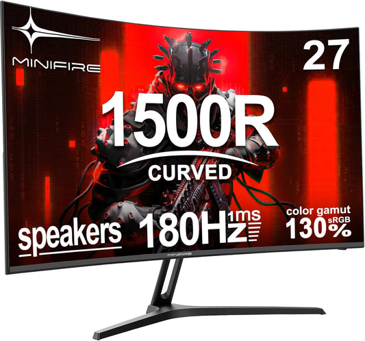 Minifire 27 Inch Gaming Monitor, 180Hz, Curved Gaming Monitor, Built-in Speaker, Crosshair, 1Ms, sRGB130%, FHD 1080P Computer Screen, VESA Compatible, Eye Care Adaptive Sync HDMI&DP Prots - QUORE