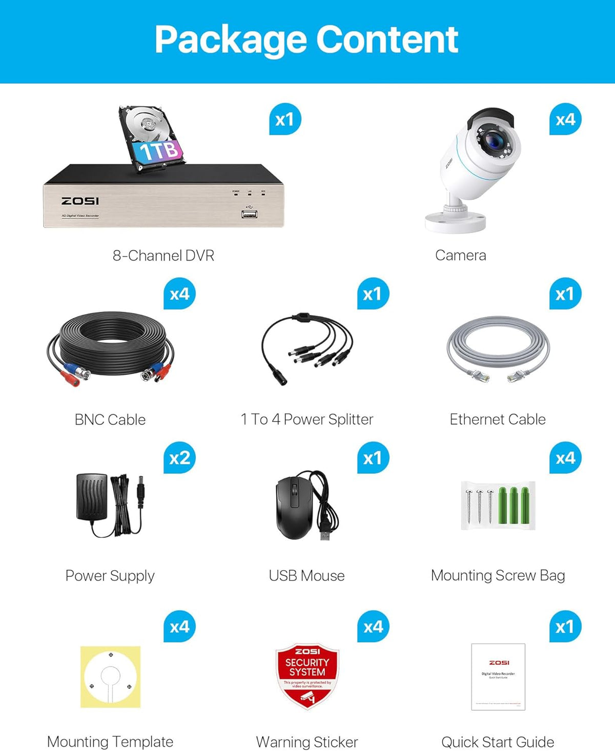 ZOSI Outdoor 1080P Surveillance Camera Set 8CH DVR met 1TB Harde Schijf en 4X 1080P Outdoor Bullet Camera CCTV-Systeem voor Binnen en Buiten, 24M IR Nachtzicht