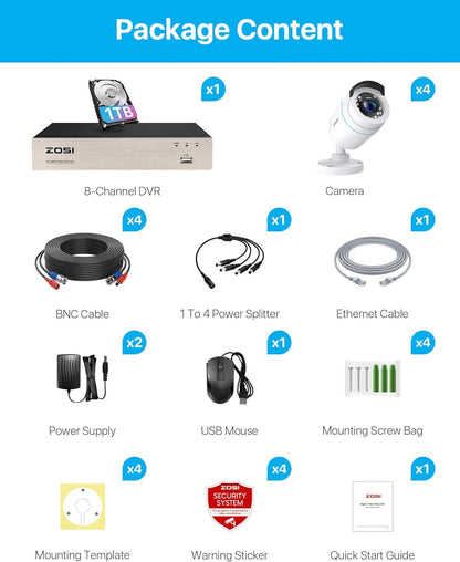 ZOSI Outdoor 1080P Surveillance Camera Set 8CH DVR met 1TB Harde Schijf en 4X 1080P Outdoor Bullet Camera CCTV-Systeem voor Binnen en Buiten, 24M IR Nachtzicht