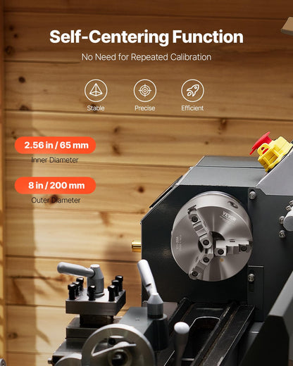 VEVOR 3-jaw lathe holder, 200 mm, self-centering chuck with 2 1/4"-8 threaded support plate, 4-200 mm clamping range with T-wrench screws, HT300 material, for wood-metal lathe