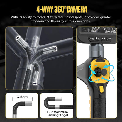 PLAYOCCAR 360° draaibare endoscoop, 4-weg endoscoop, verbeterde versie, waterdicht conform IP67, camera met scharnierende inspectiecamera, 12,7 cm (5 inch), 1080p (met 6 verstelbare ledlampen