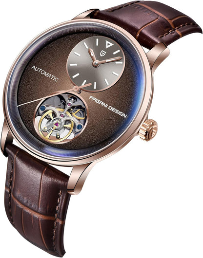 Pagani Design Herenhorloges, automatisch, waterdicht, analoog, individueel design, skelet, kleine lunette met PU-lederen band, elegante cadeaus voor mannen (lichtbruin), bruin