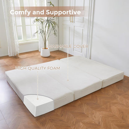 MAXYOYO Opvouwbare corduroy matras, drievoudig vloermatras 10 cm dik met wasbare hoes, opvouwbaar in drie, ruimtebesparend voor gasten (beige, eenpersoons)