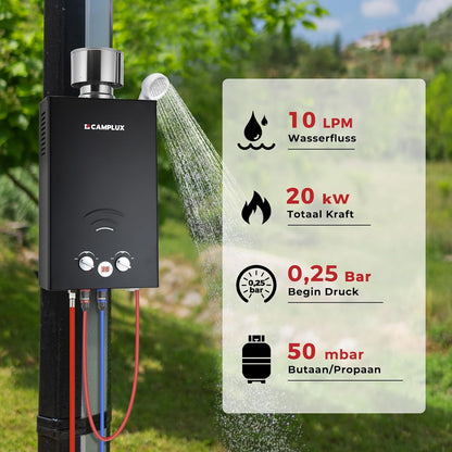 CAMPLUX BW264BC-DE Tankless Gas Boiler 10 Liter, LPG (50 mbar), 20 kW, voor Camping, RV, Wassen Paarden