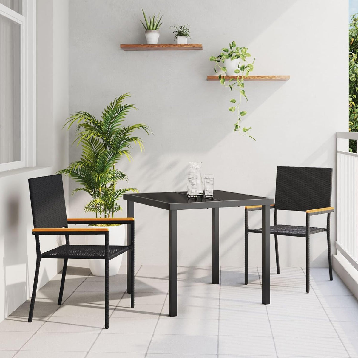 Stackable Garden Chairs Set of 2 Rattan, Polyester, Black for Patio, Balcony, Outdoor Furniture, Comfortable and Durable, Space-Saving Design - QUORE