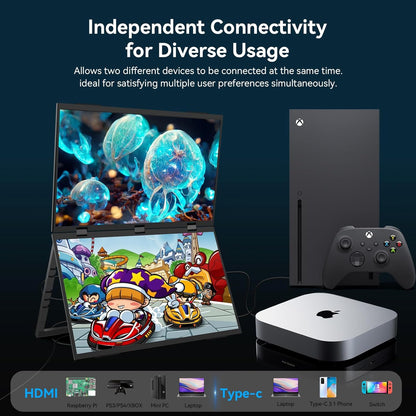 Kenowa Dual Portable Monitor 18.5 inch Foldable Dual Screen 120Hz 100% sRGB, IPS Expansion Screen, Foldable Monitor with Mini HDMI/USB-C/Speaker for Laptop/PC/Phone/Mac/PS4/Switch - QUORE