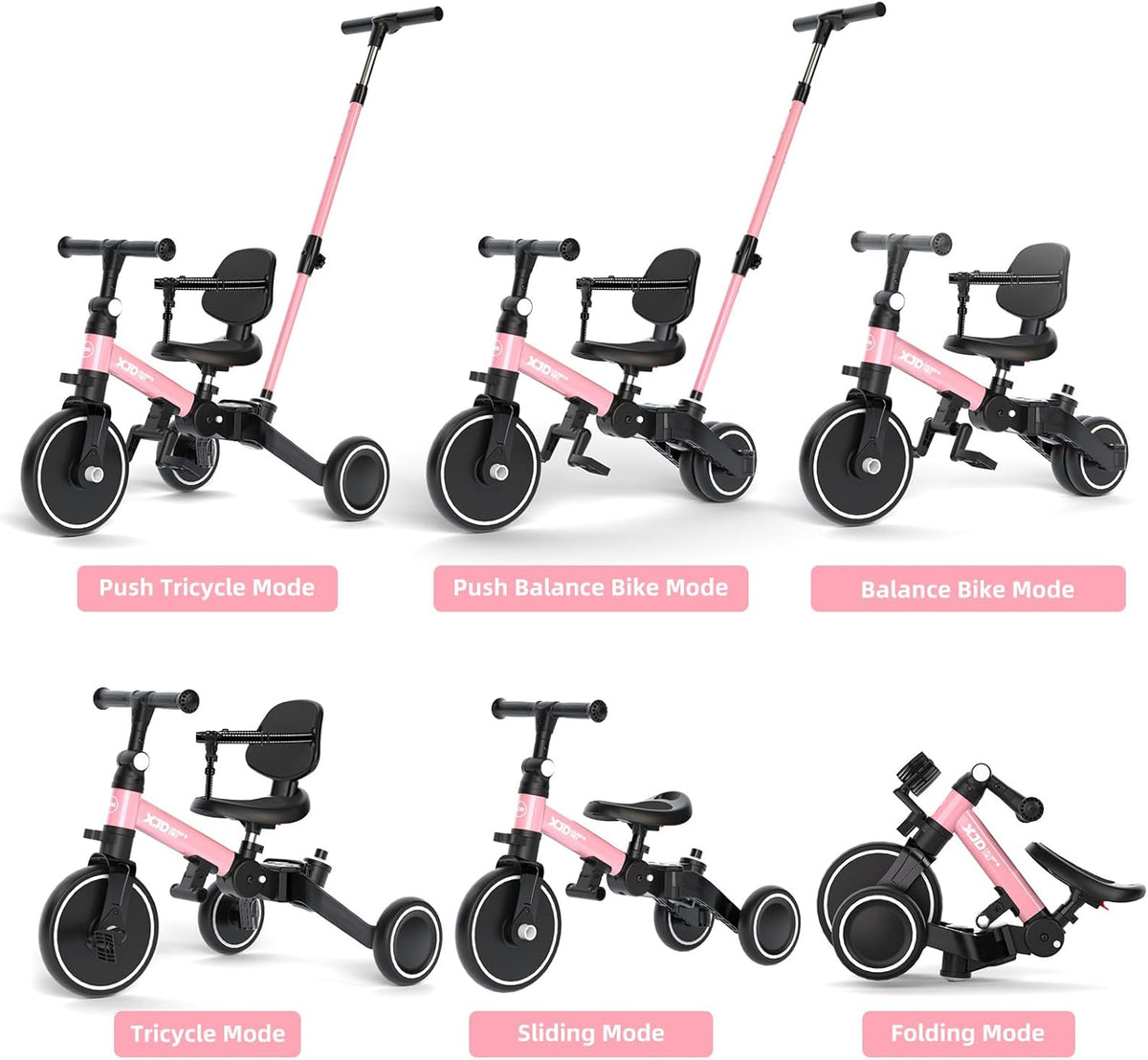 XJD 5-in-1 driewieler, loopfiets vanaf 1 jaar met duwstang voor kinderen vanaf 1 - 4 jaar, loopfiets met afneembare pedalen en verstelbare zitting, kinderdriewieler, babyfiets (roze)