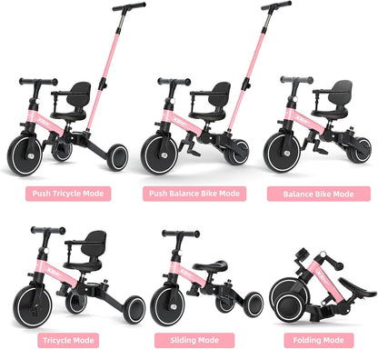 XJD 5-in-1 driewieler, loopfiets vanaf 1 jaar met duwstang voor kinderen vanaf 1 - 4 jaar, loopfiets met afneembare pedalen en verstelbare zitting, kinderdriewieler, babyfiets (roze)