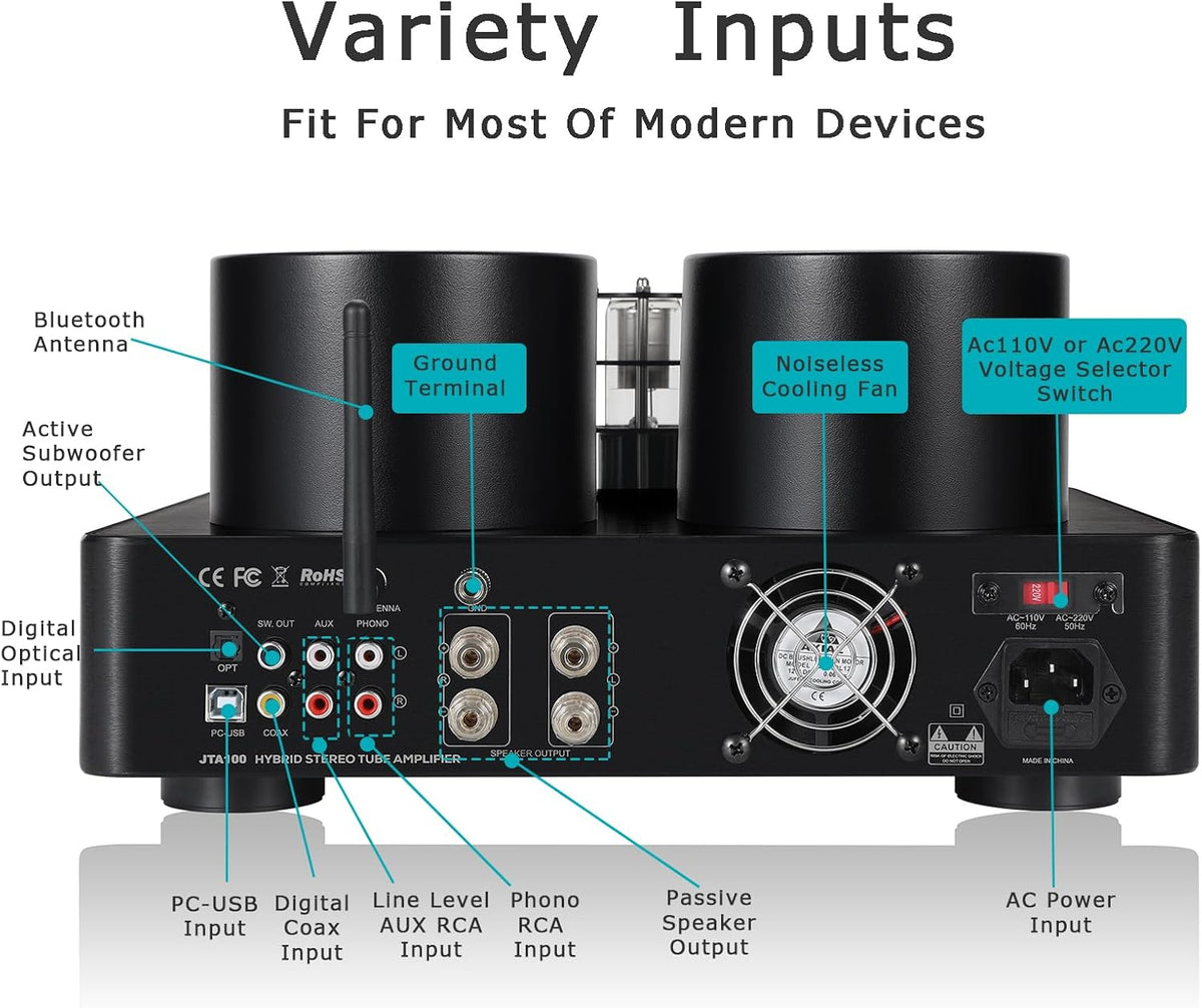 Juson Audio JTA100 200 W vacuümbuisversterker, geïntegreerde hybride met BT 5.0, Optisch AUX RCA Phono-ingang en hoofdtelefoonuitgang, 2.1CH Class AB, hifi home audio voor platenspeler
