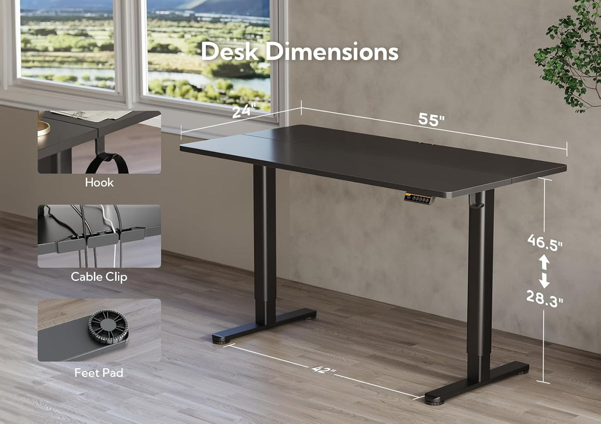 Claiks Electric Standing Desk, Height Adjustable Standing Desk, 140x60cm Sit-Stand Home Office Desk with Split Board, Black Frame/Black Top, P1.01.001 - QUORE