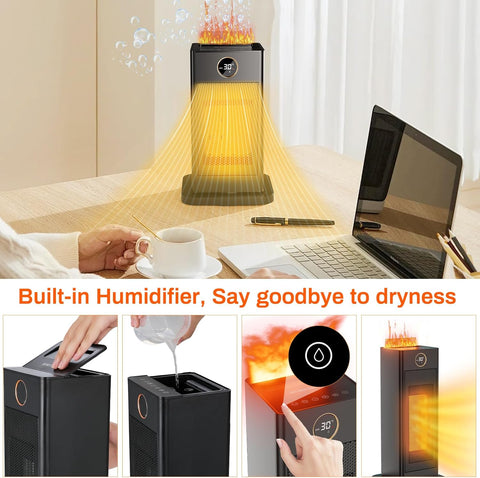 Elektrische Kachel - Keramische Ventilatorkachel - 2000W - met LED Luchtbevochtiger - 90° Oscillerende - Thermostaat - Timer 1-12 u - 15℃- 45℃ Warmtestanden - Afstandsbediening - Eco- & Ventilatormodus - 18 x 16 x 28.5 cm - Zwart