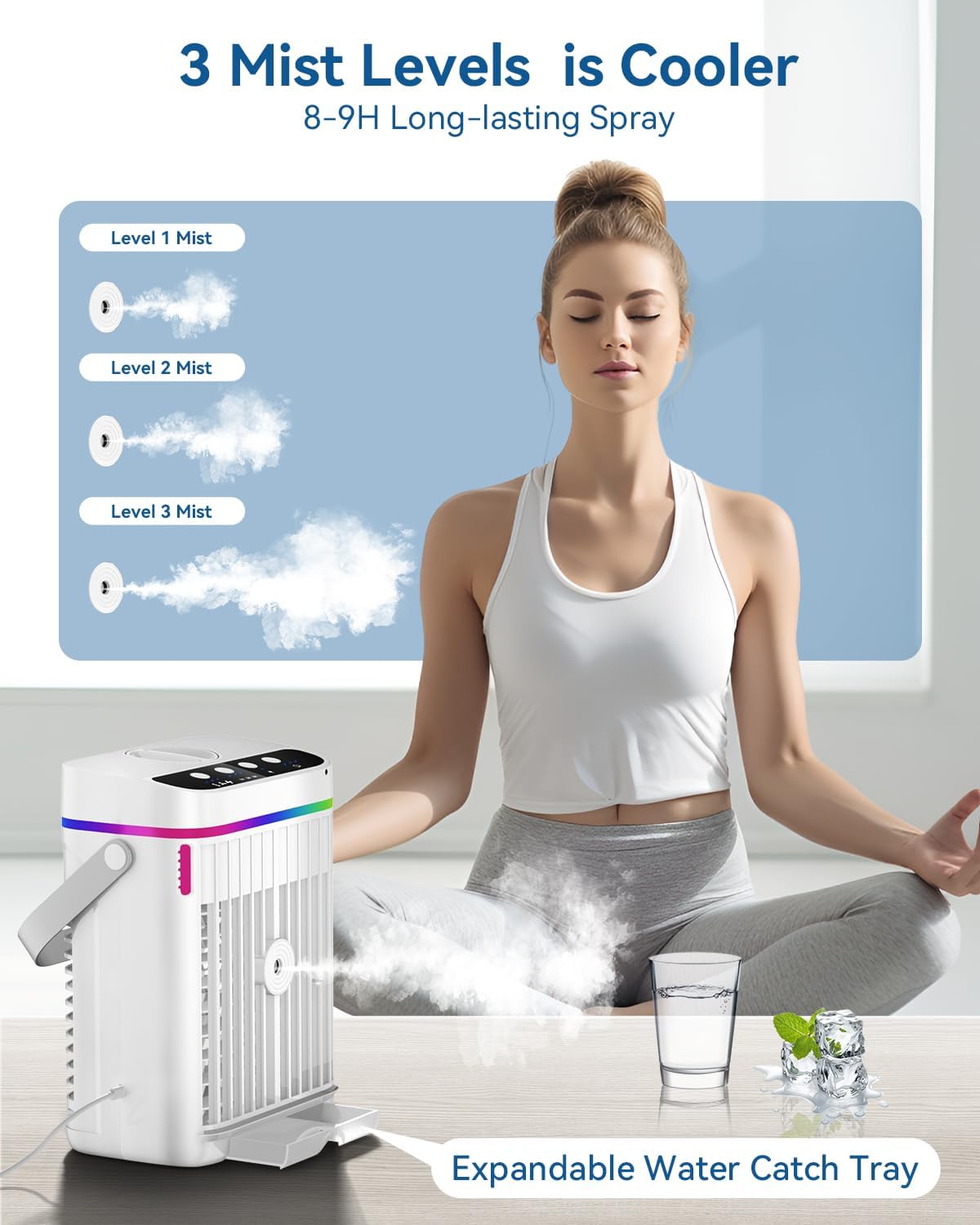 4-in-1 Mobiele Airco - Draagbare Airconditioning - Mini-Airconditioning - 1250 ml - met Timer van 1-3 uur - 3 Snelheden - 3 Nevelmodi - 7-Kleuren-LED - 10W - 5V - 13 x 20 x 27 cm - Wit