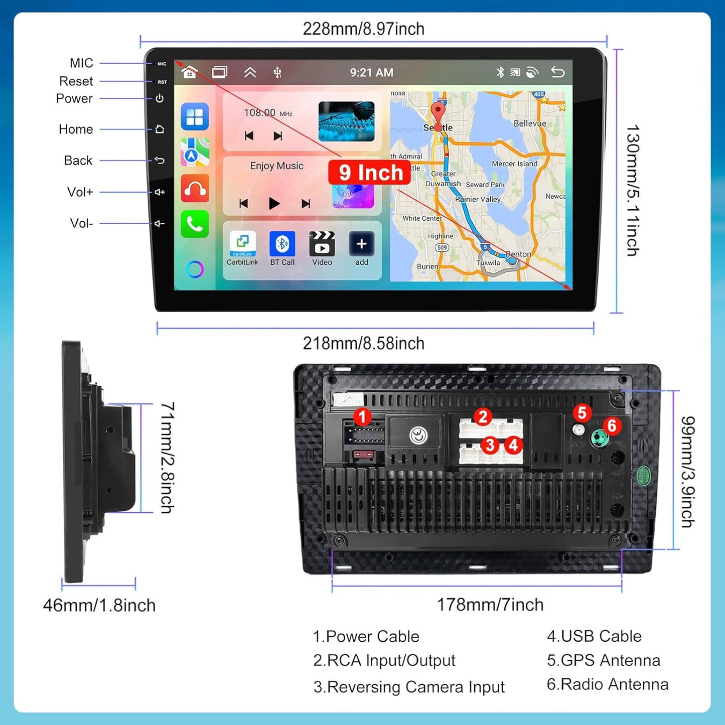 podofo autoradio, 8 kernen, 2-DIN autoradio, iOS, CarPlay, Android autoradio, 4 + 64 G, dubbele DIN 9 inch, 1280p IPS, touchscreen, stereo-radio met 32EQ DSP GPS, navigatie, wifi, Android auto en