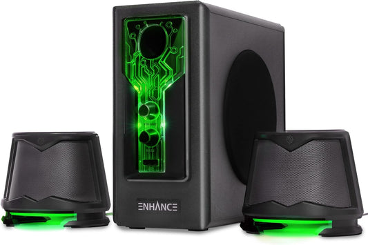 ENHANCE SB 2.1 Computerluidspreker met subwoofer – groene led-gamingluidspreker, high-excursie-geluidssysteem, AC-voeding, volume- en basregeling, compatibel met gaming-pc, desktop, laptop