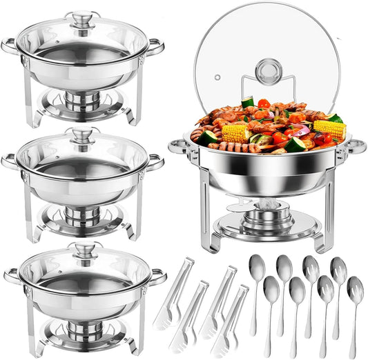 4 Pack Chafing Dish Buffet Set 5 Qt, 5L RVS Chafing Dishes, Ronde Catering Warmer Server met Glazen Deksel & Cover Houder, Voedsel Warmers voor Feesten, Bruiloft, Verjaardag (Sliver-Glas)