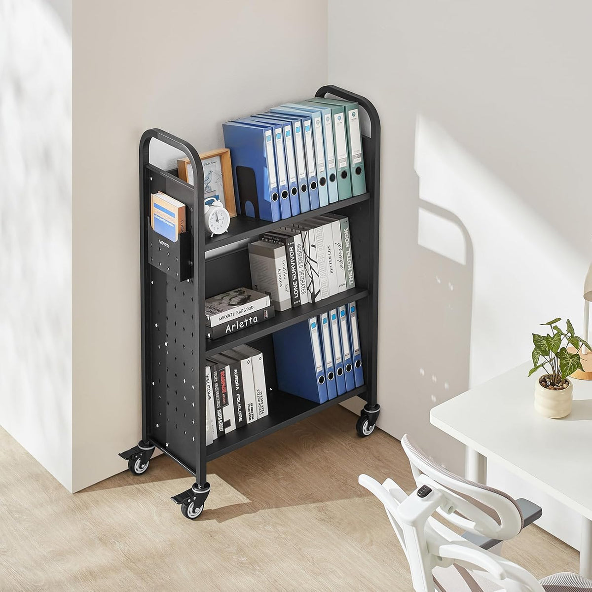 Boekenwagen – Bibliotheekwagen – Boekenkar – Boekentrolley – Rollende Boekenkar – Enkelzijdig Met V-Vormige Planken – 350 Kg Draagkracht