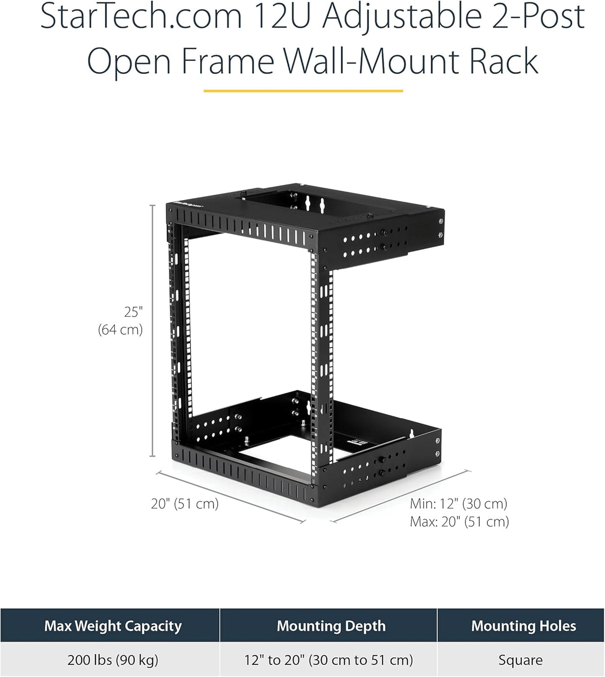 2-Post 12U 19 Inch Open Frame Rack – Serverrek, Netwerk Rack, Patchkast, Datarack – Wandmonteerbaar Met Verstelbare Diepte 30,5 Tot 50,8 Cm – Draagvermogen Tot 90 Kg