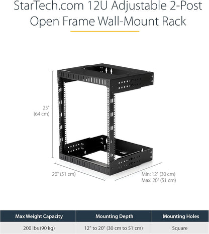 2-Post 12U 19 Inch Open Frame Rack – Serverrek, Netwerk Rack, Patchkast, Datarack – Wandmonteerbaar Met Verstelbare Diepte 30,5 Tot 50,8 Cm – Draagvermogen Tot 90 Kg