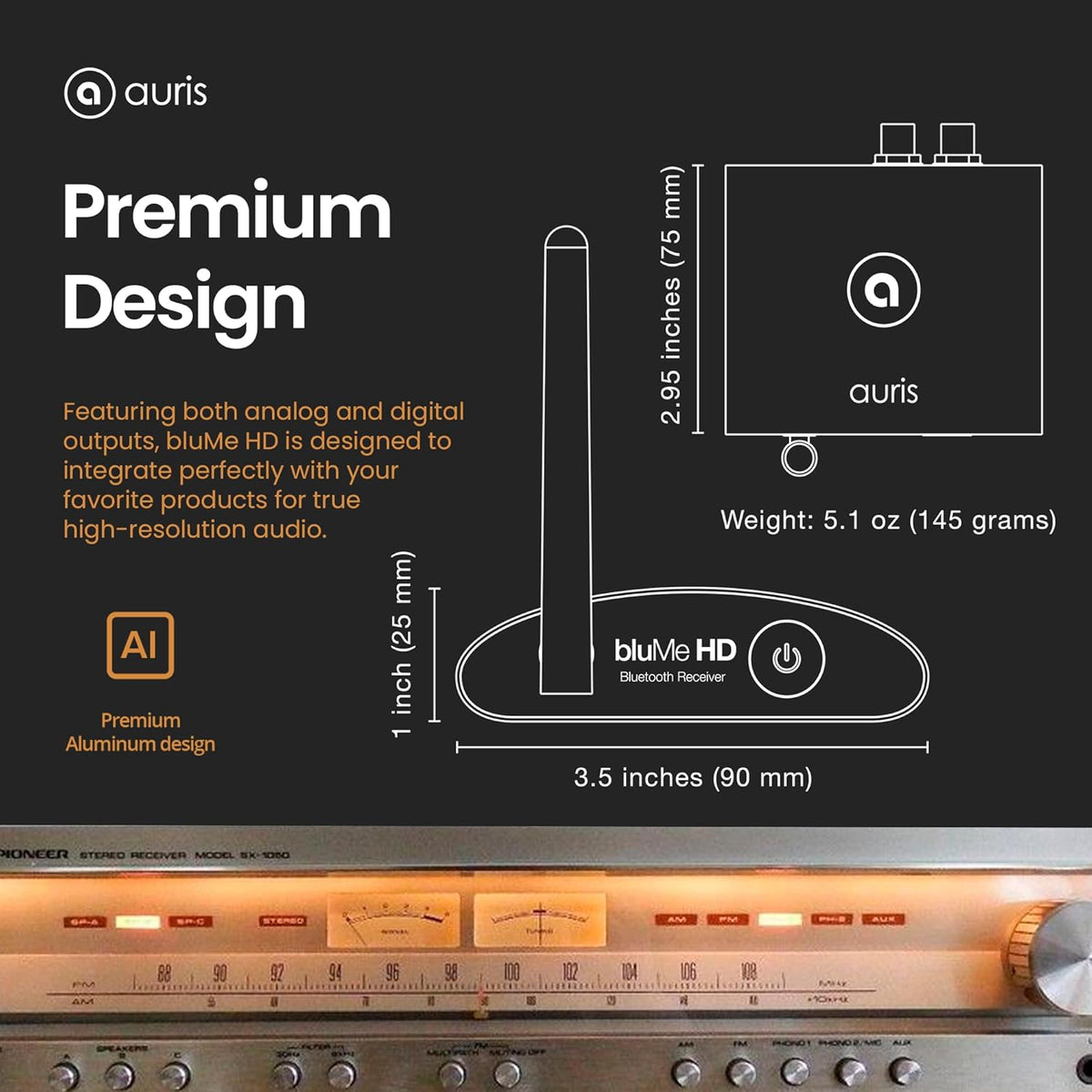 Auris BluMe HD Bluetooth 5.0-muziekontvanger Hi-Fi draadloze audioadapter met audiofiele DAC en aptX HD voor streaming naar stereo thuis, AV-receiver of stereoversterker