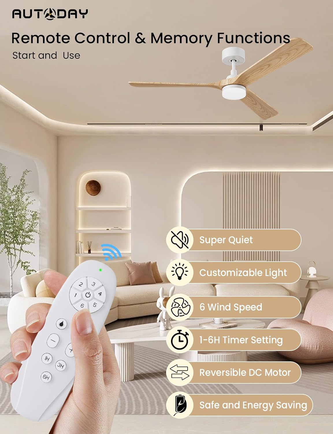 Bois Ventilateur Plafond avec Lampe Silencieux Moteur DC 30W ventilateurs de plafond diamètre 132 cm (52") avec 3 Pales réversibles Télécommande fonction mémoire et minuterie 6 vitesses