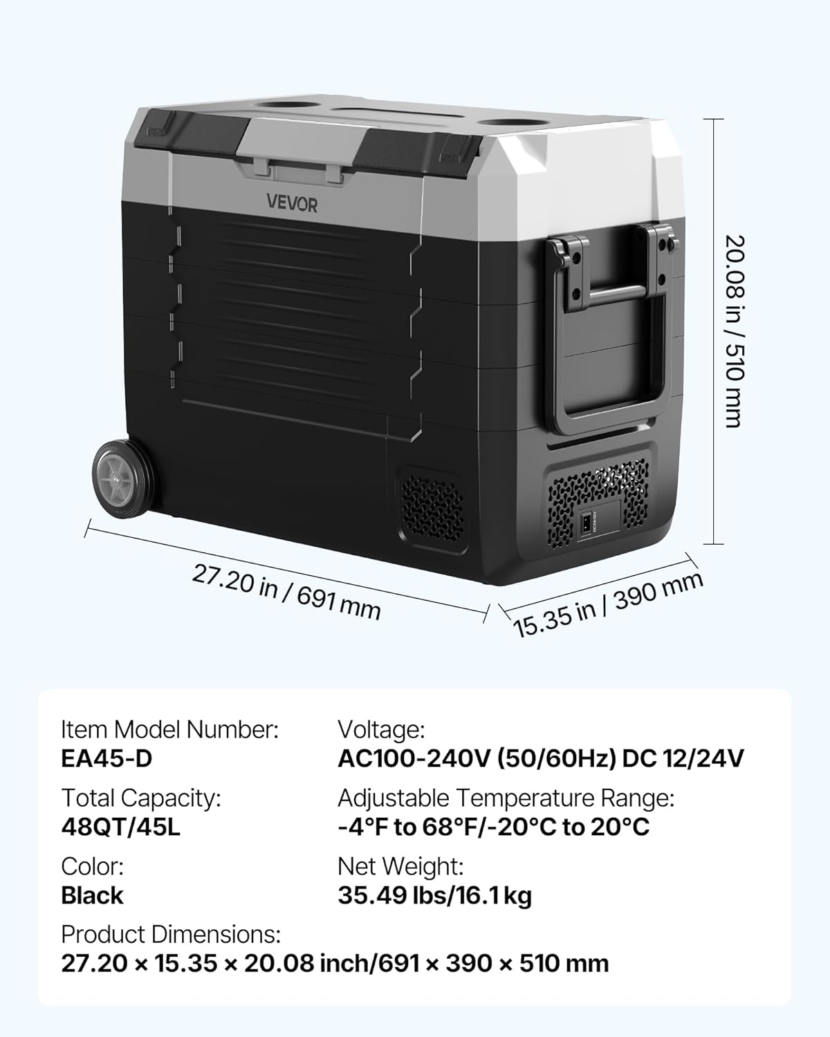 VEVOR Draagbare autokoelkast met compressor, inhoud 45 liter, koelcontainer met dubbele zone, temperatuur tussen -20 tot 20 °C, app-bediening, mini-koelkast voor auto, caravan, camping, vissen