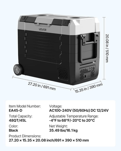 VEVOR Draagbare autokoelkast met compressor, inhoud 45 liter, koelcontainer met dubbele zone, temperatuur tussen -20 tot 20 °C, app-bediening, mini-koelkast voor auto, caravan, camping, vissen