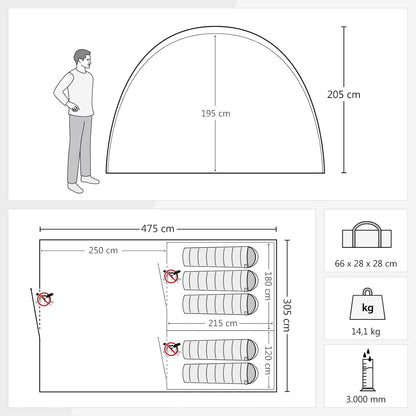 Justcamp Atlanta 3, 5, 7 campingtent, tunneltent met luifel, ingenaaide bodem